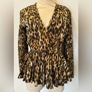 Kardashian Kollection Leopard Print Peplum V-Neck Blouse Top Long Sleeves Sz XS
